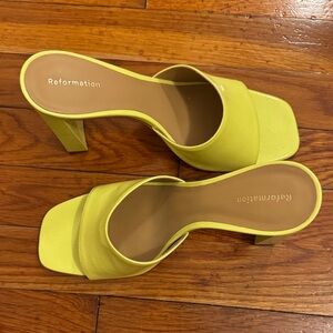 Reformation Neon Yellow Square-Toe Block Heel Mules